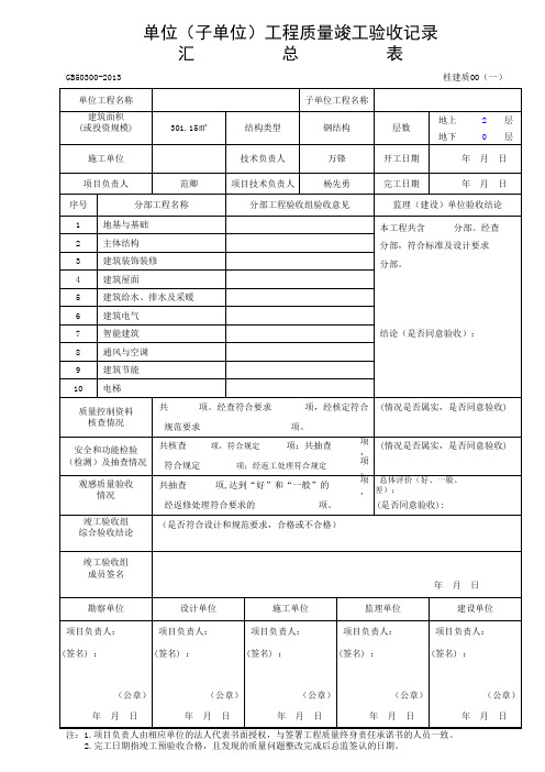 单位工程质量竣工验收记录汇总表