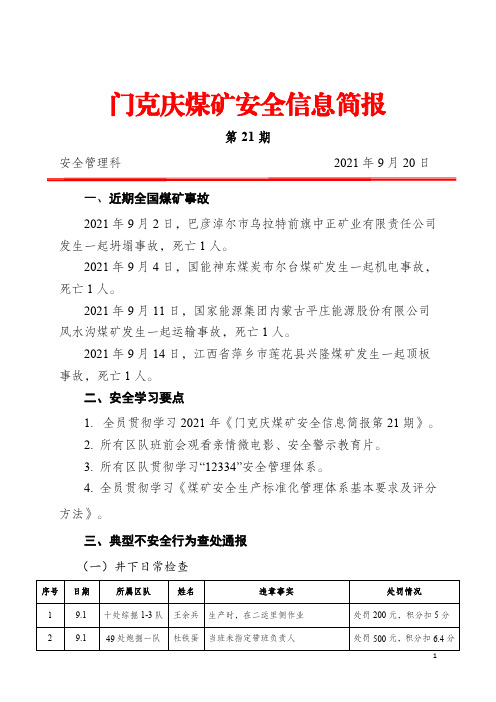 2021年门克庆煤矿安全信息简报第21期