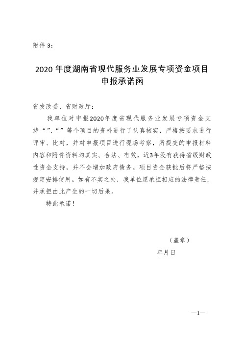 2020年度湖南省现代服务业发展专项资金项目申报承诺函