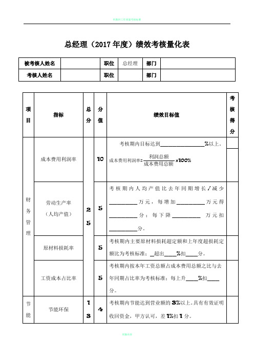 总经理(2017年度)绩效考核表