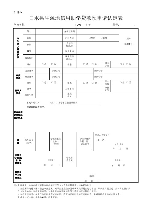 附表：1白水县生源地信用助学贷款预申请认定表