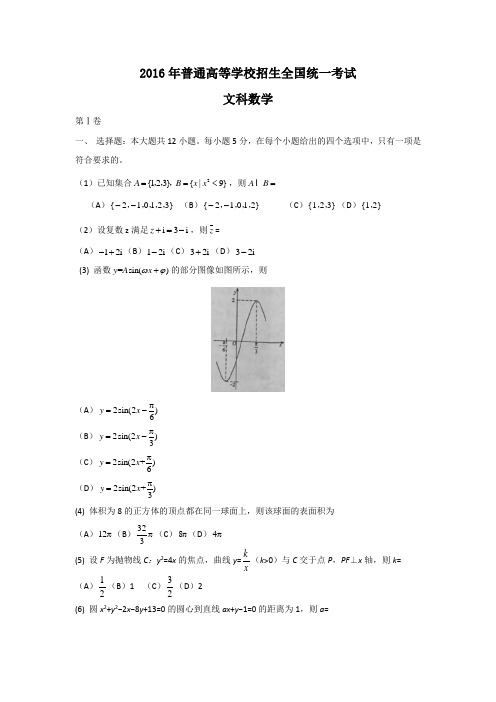 2016年海南高考数学试题1卷