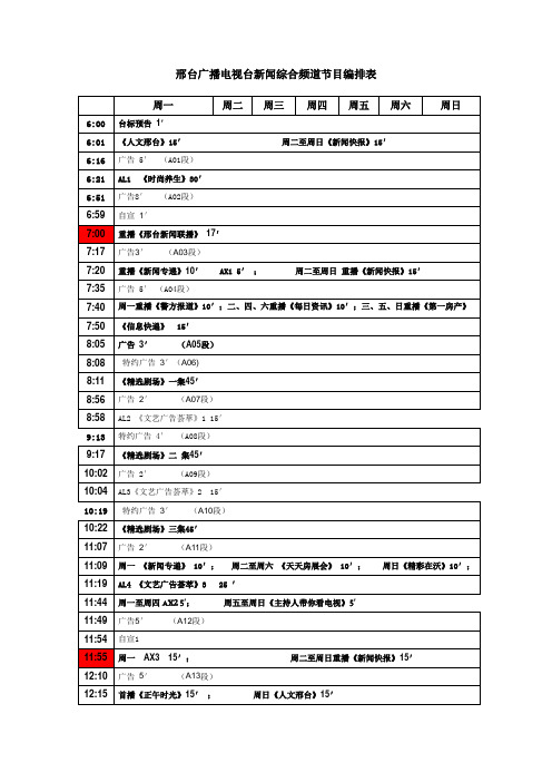 邢台广播电视台新闻综合频道节目编排表