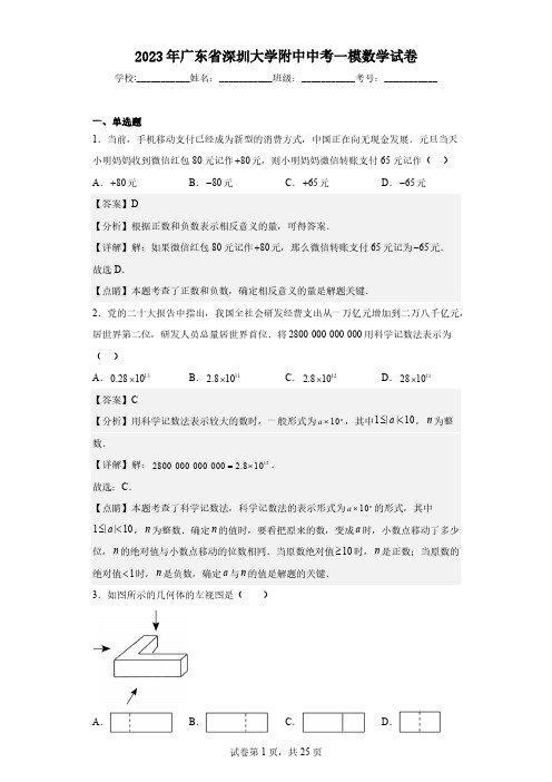 2023年广东省深圳大学附中中考一模数学试卷(含解析)