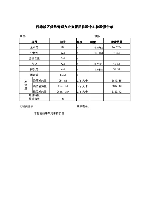 煤质化验报告单