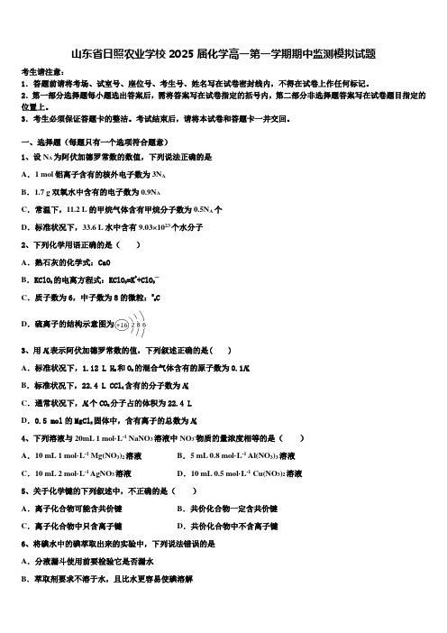 山东省日照农业学校2025届化学高一第一学期期中监测模拟试题含解析