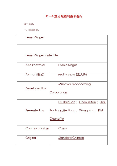 2019中考英语 七上 Unit 1-4重点短语句型和练习 人教新目标版(含答案).doc