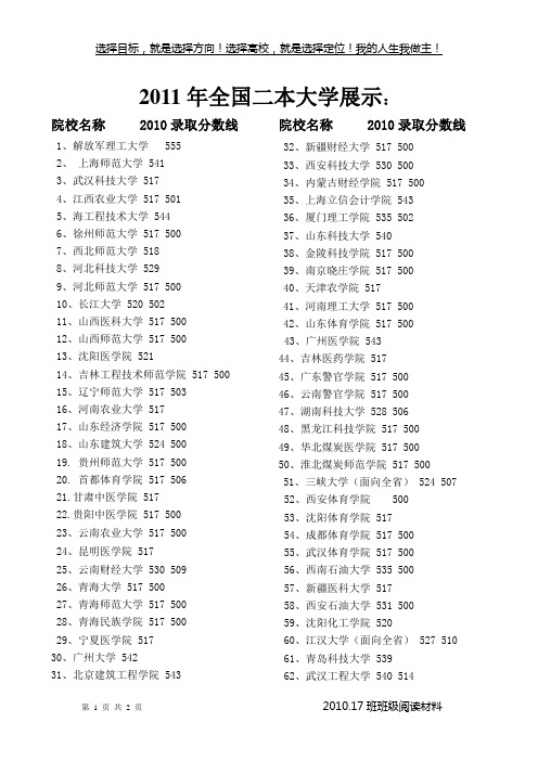 2011年全国二本大学及录取分数