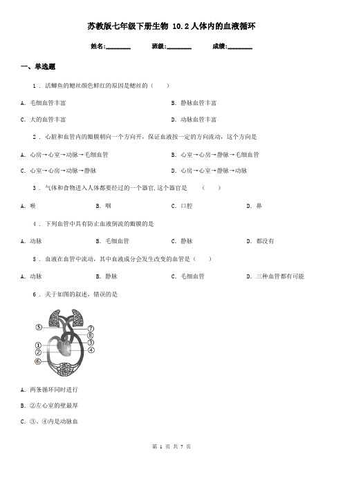 苏教版七年级下册生物 10.2人体内的血液循环