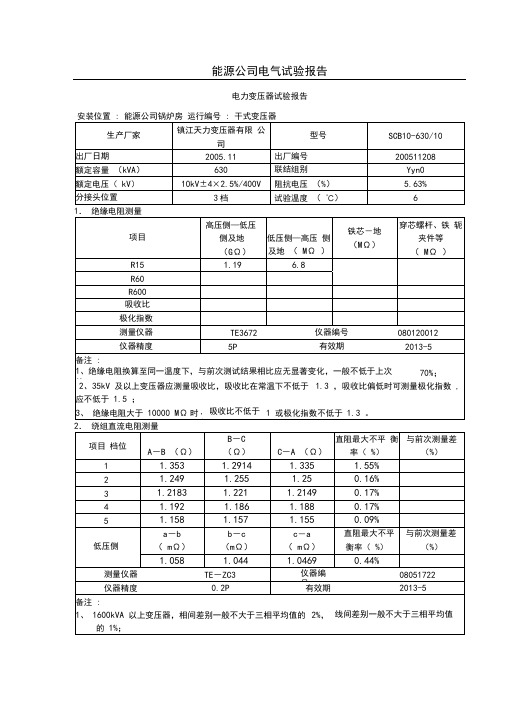 变压器调试报告标准表格