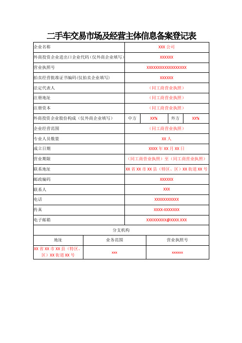 二手车交易市场及经营主体信息备案登记表