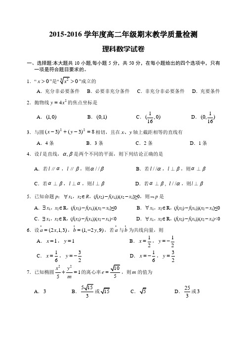 2015-2016第一学期高二期末考试理科数学试题及答案