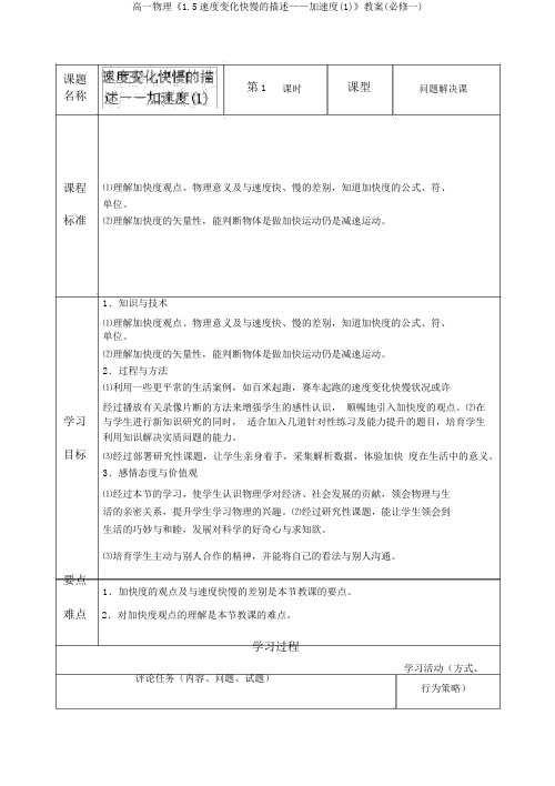 高一物理《1.5速度变化快慢的描述——加速度(1)》教案(必修一)