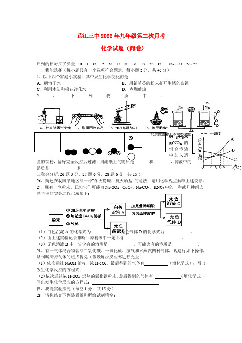 湖南省怀化市芷江三中2022届九年级化学第二次月考模拟押题新人教版