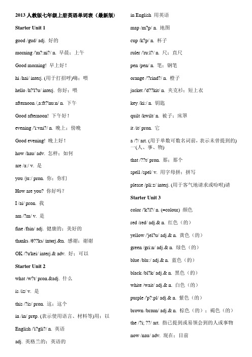 2013人教版七年级上册英语单词表