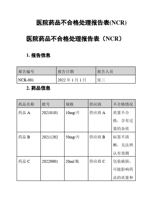 医院药品不合格处理报告表(NCR)