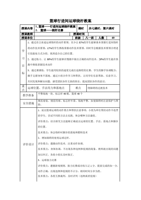 八年级体育课程《篮球行进间运球绕杆》教案