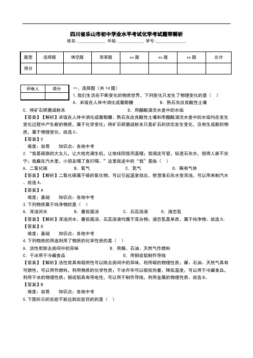 四川省乐山市初中学业水平考试化学考试题带解析.doc