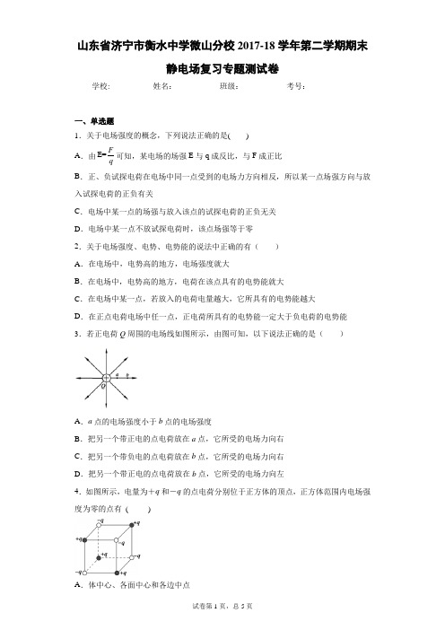 山东省济宁市衡水中学微山分校2017-18学年第二学期期末静电场复习专题测试卷含答案解析