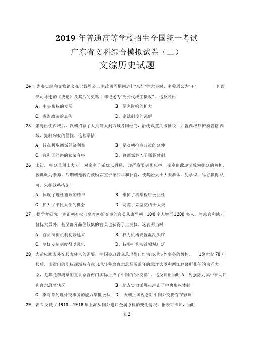 2019年广东二模历史试卷(后附带答案)