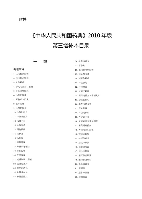 《中华人民共和国药典》2010版第三增补本目录