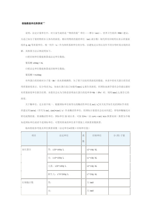 检验数值单位换算表