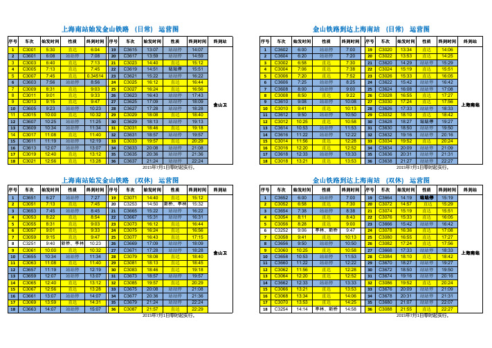 上海轨道交通22号线(金山铁路)时刻表(2015-07-01起)
