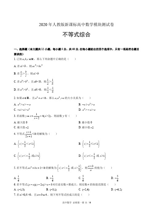 2020年人教版高中数学单元测试-不等式综合(附答案)