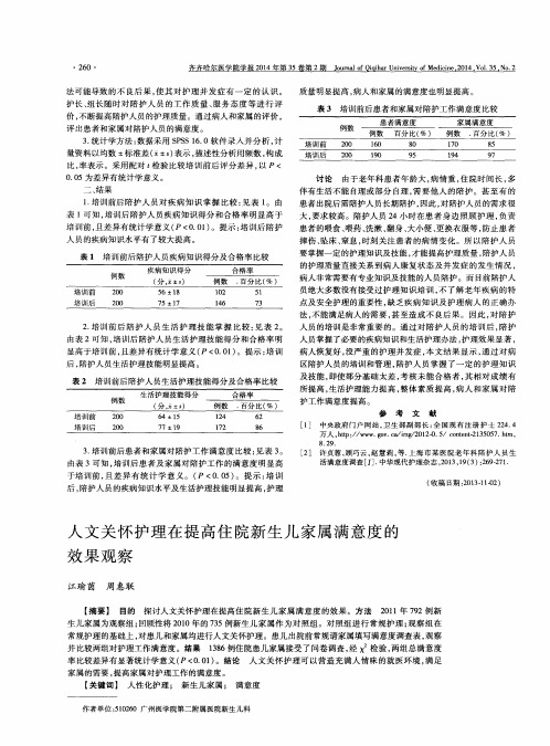 人文关怀护理在提高住院新生儿家属满意度的效果观察