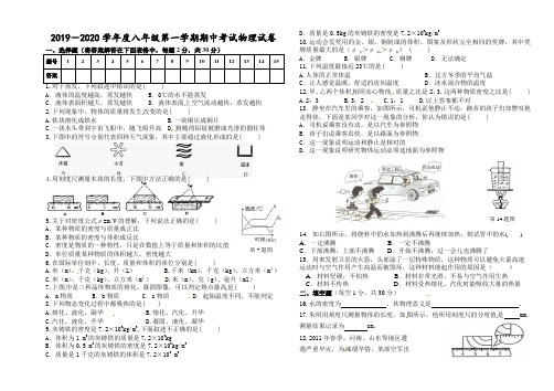 2019-2020学年度八年级第一学期期中考试物理试卷