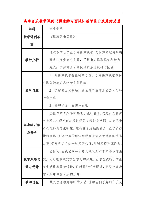 高中音乐教学课例《飘逸的南国风》课程思政核心素养教学设计及总结反思