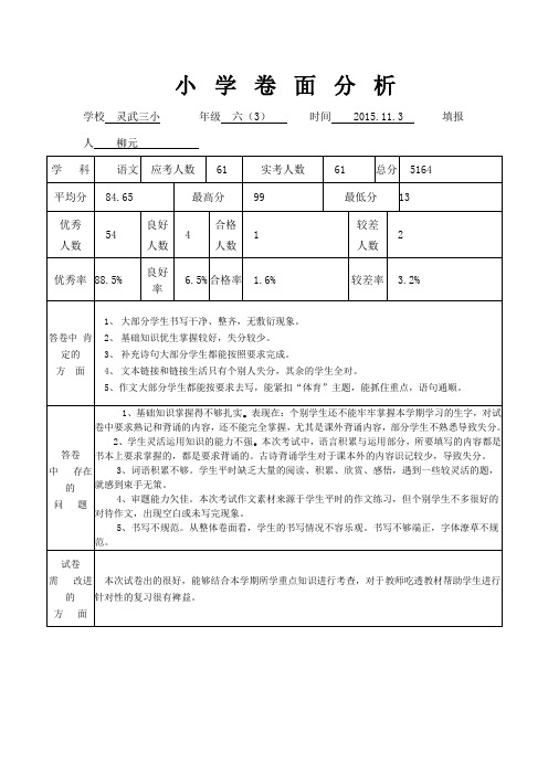 六(3)班期中语文卷面分析表