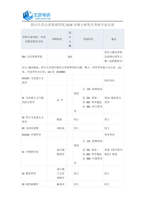 四川大学公共管理学院2016年硕士研究生考研专业目录_四川大学考研专业目录