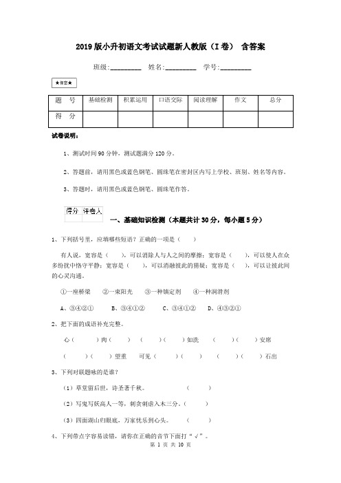 2019版小升初语文考试试题新人教版(I卷) 含答案