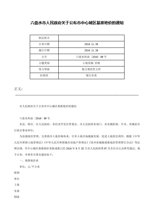 六盘水市人民政府关于公布市中心城区基准地价的通知-六盘水府函〔2016〕69号