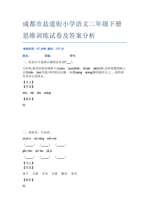 成都市盐道街小学语文二年级下册思维训练试卷及答案分析