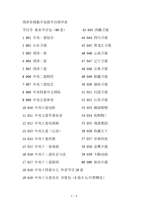 菏泽有线数字电视节目排序表