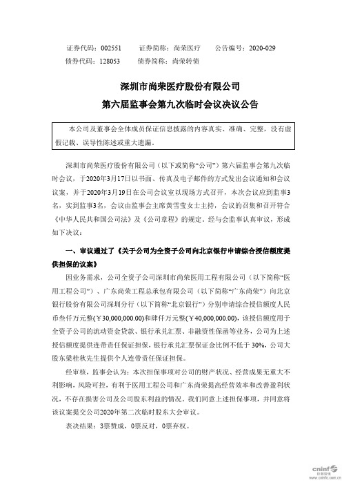 尚荣医疗：第六届监事会第九次临时会议决议公告