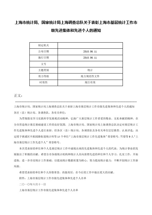 上海市统计局、国家统计局上海调查总队关于表彰上海市基层统计工作市级先进集体和先进个人的通知-