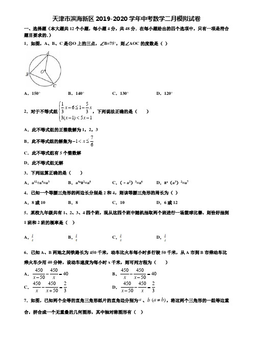 天津市滨海新区2019-2020学年中考数学二月模拟试卷含解析