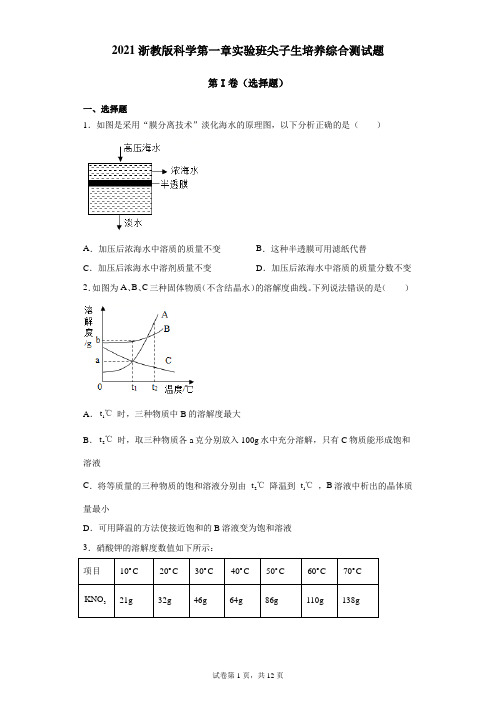 2021-2022学年度浙教版科学八上第一章水和水的溶液实验班尖子生培养综合测试题