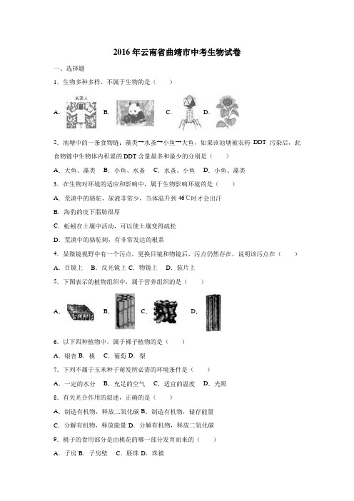 云南省曲靖市2016届中考生物试卷(附解析)$796108