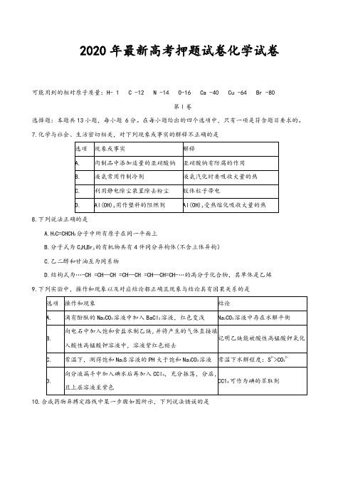 2020届最新高三高考押题化学试题