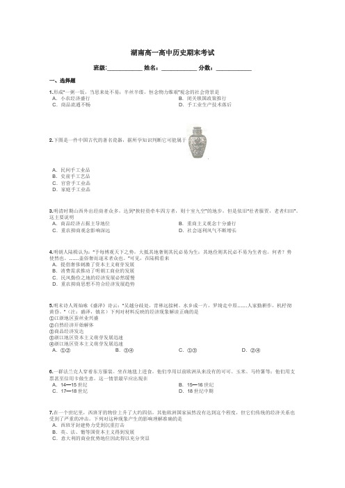 湖南高一高中历史期末考试带答案解析
