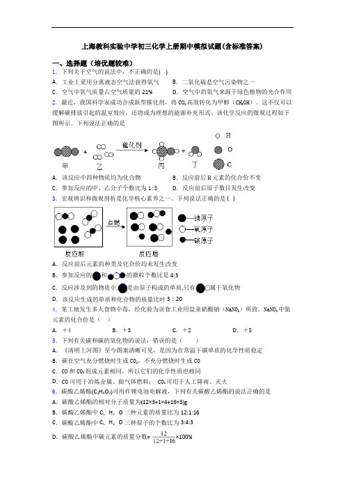 上海教科实验中学初三初三化学上册期中模拟试题(含标准答案)