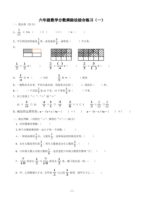 小学数学六年上册分数乘除法测试题