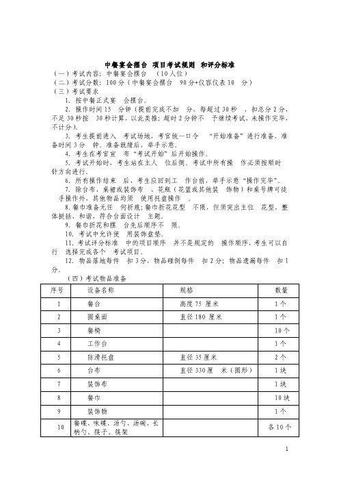 中餐宴会摆台项目考试规则和评分标准