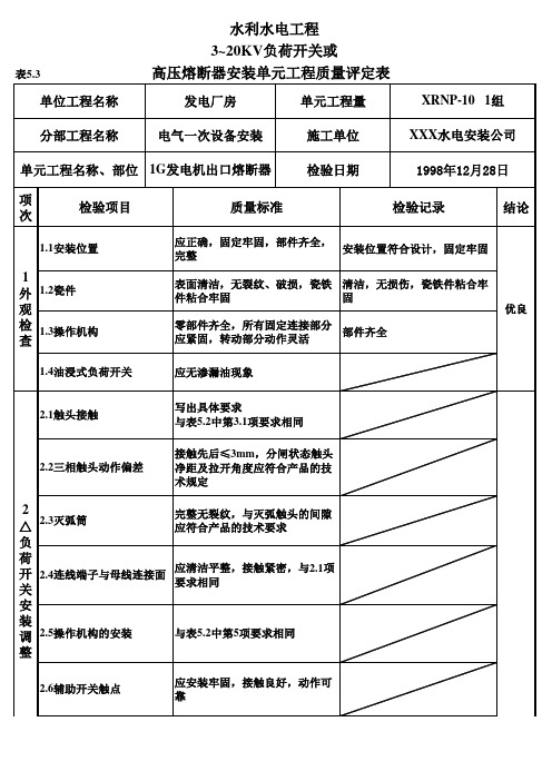 表5.3 3~20KV负荷开关或高压熔断器安装单元工程质量评定表(例表2)