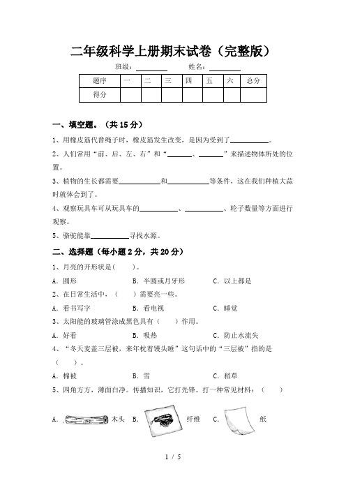 二年级科学上册期末试卷(完整版)