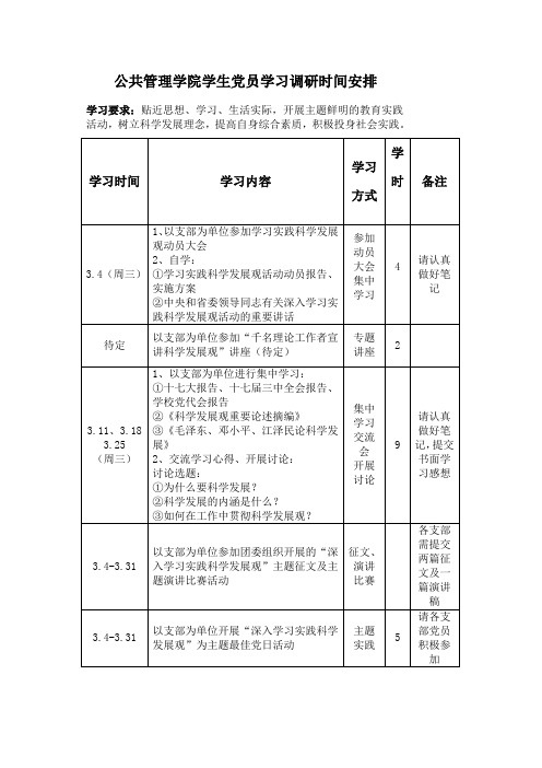 公共管理学院学生党员学习调研时间安排(精)